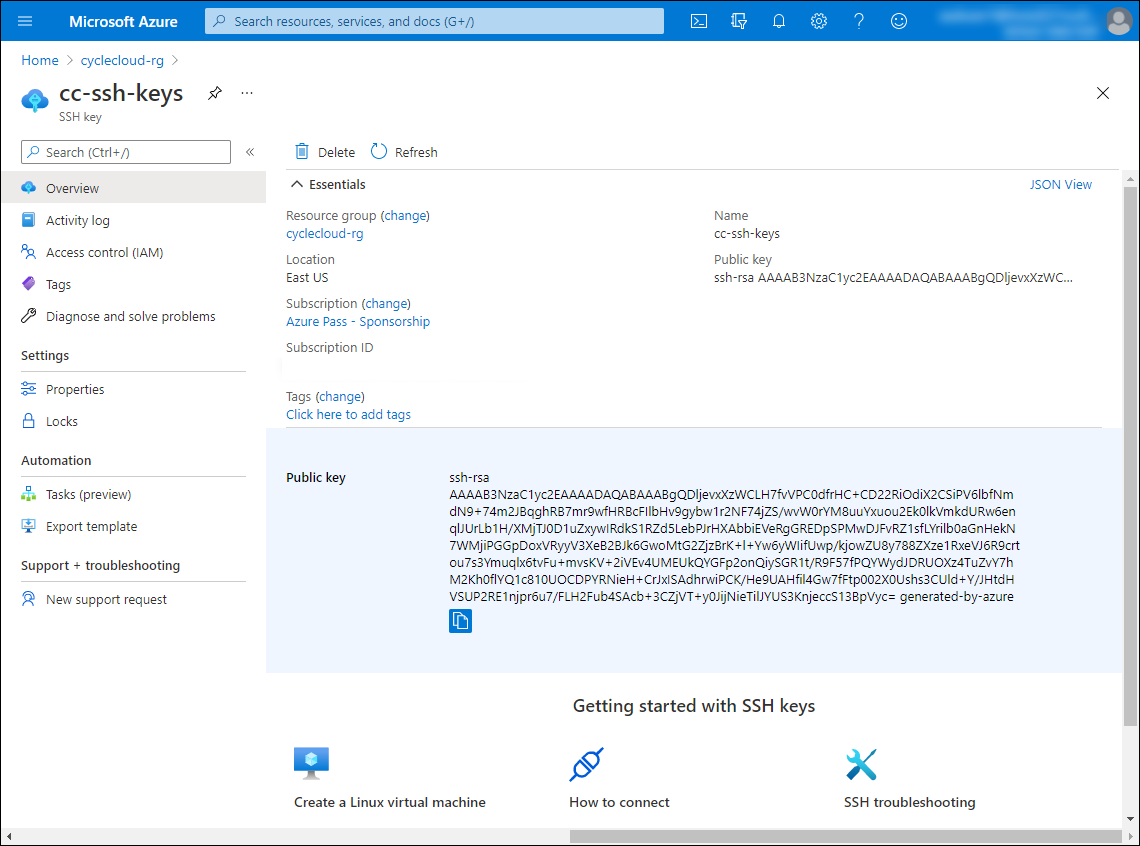 The screenshot depicts the Essentials section of the cc-ssh-keys blade, including the Public key entry in the Azure portal.