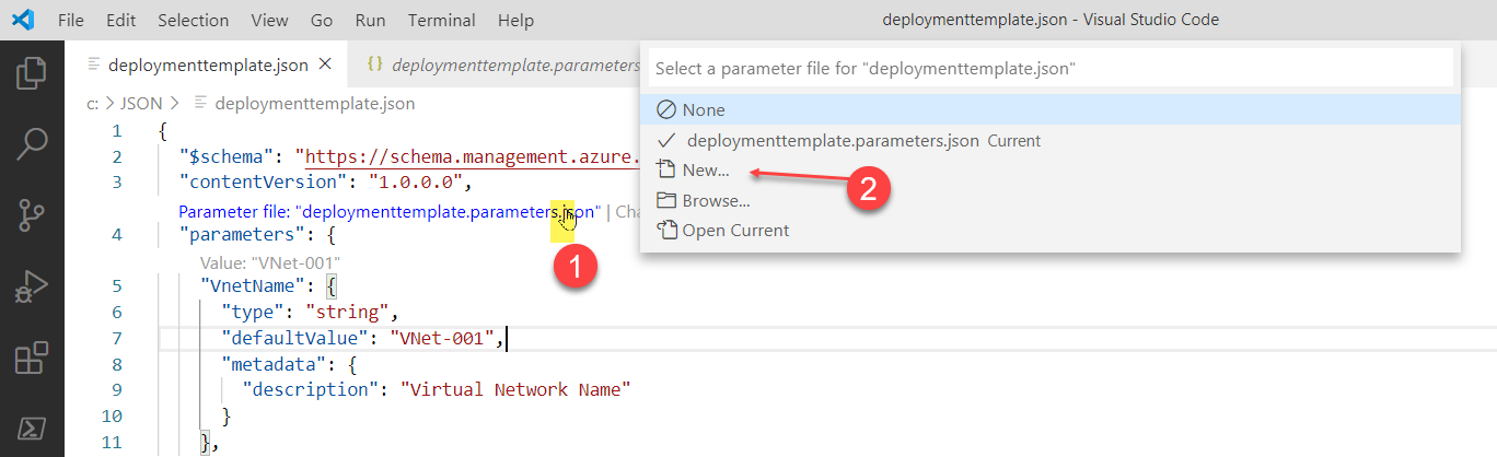 Visual Studio Code’da parametre dosyası oluşturmaya yönelik seçeneklerin gösterildiği ekran görüntüsü.