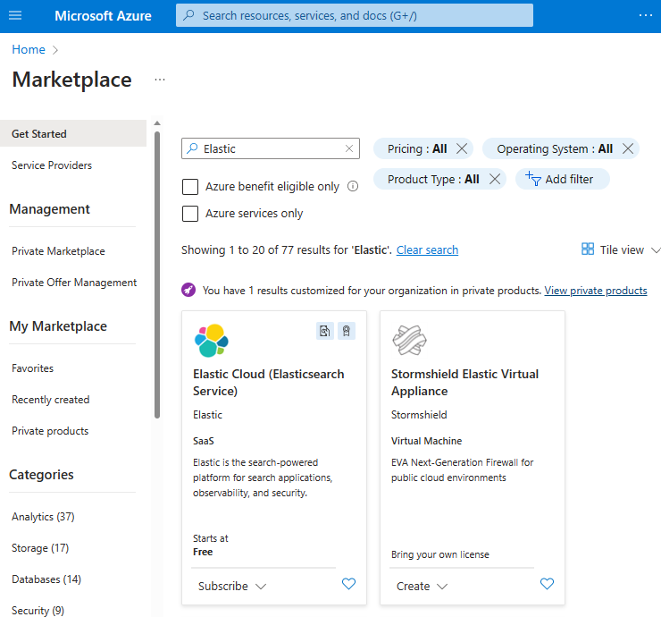 A screenshot of the Azure Marketplace showing the search results for Elastic.