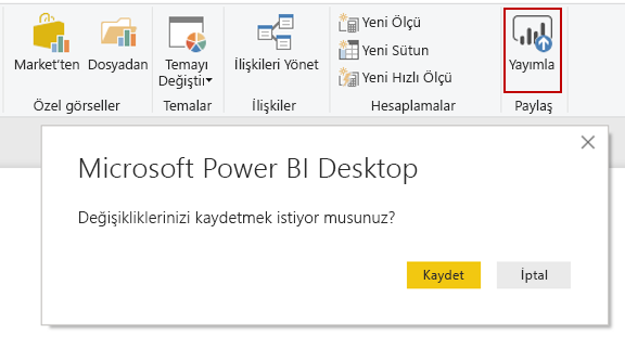 Microsoft Power BI Desktop Yayımla düğmesinin ekran görüntüsü.