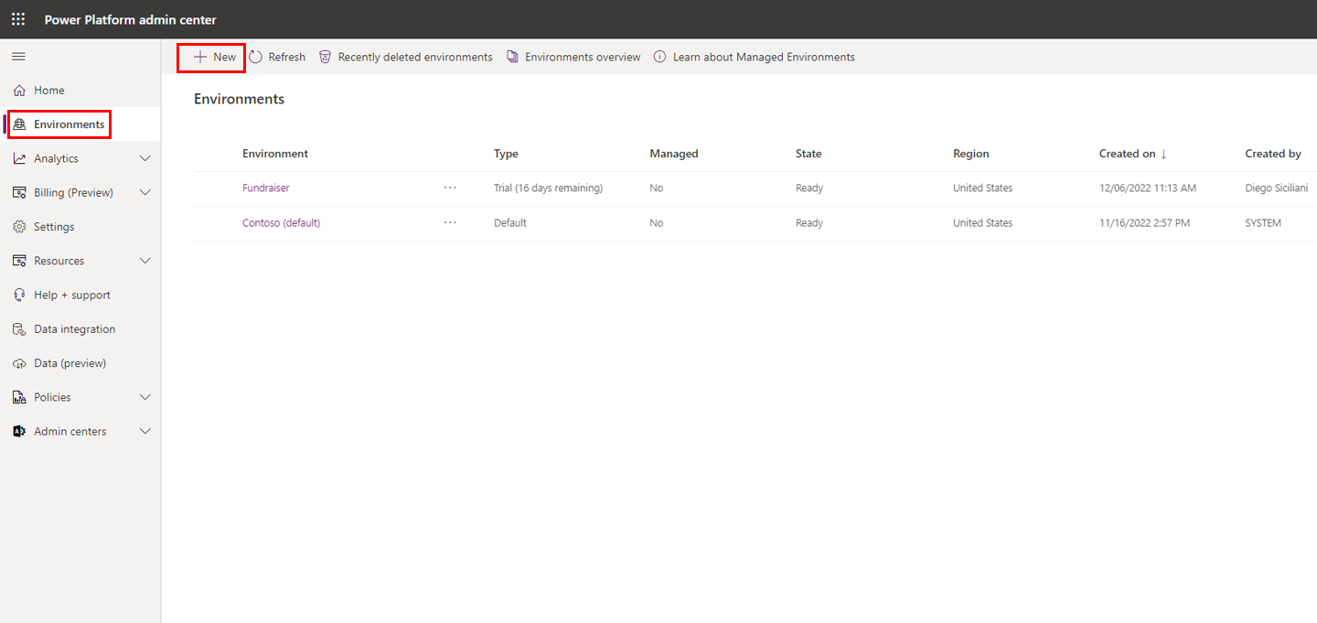 Screenshot of Microsoft Power Platform Admin center with the New button highlighted.