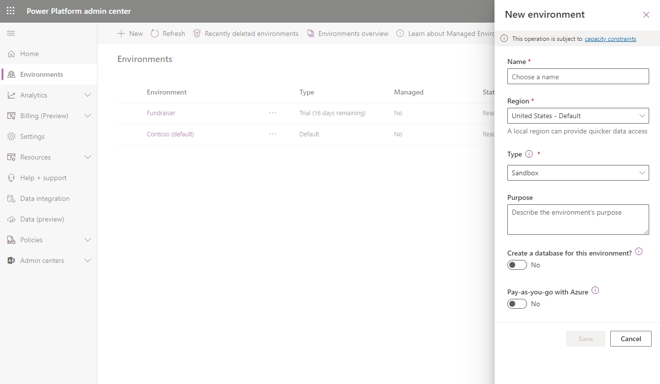 Screenshot of the new environment settings.
