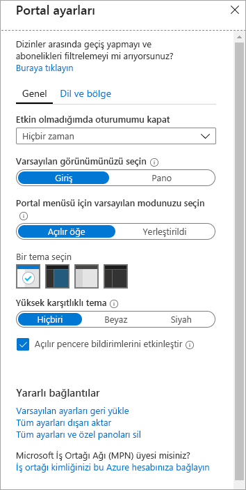 Azure portalı ayarları bölmesinin ekran görüntüsü.