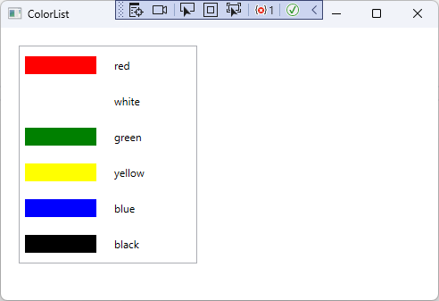 Screenshot that shows the Color List window, with six colors listed next to rectangles representing the color.