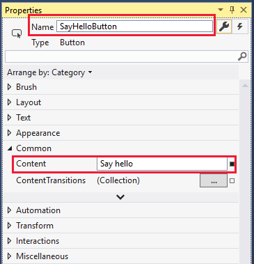 Screenshot that shows the Name and Content properties set in the Properties window.