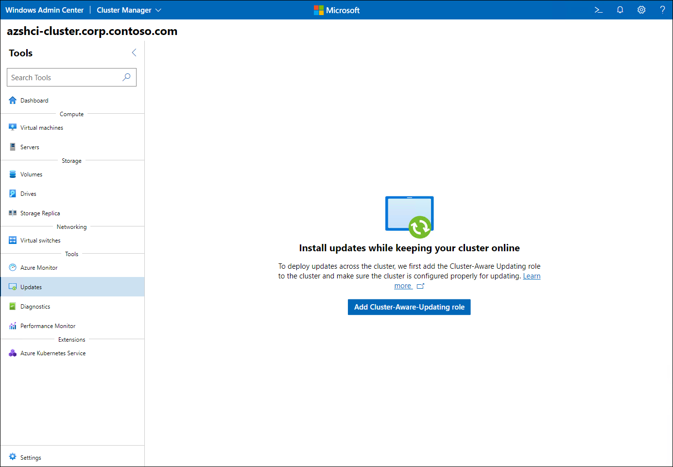 The screenshot depicts the initial prompt for configuration of CAU in the Windows Admin Center interface.