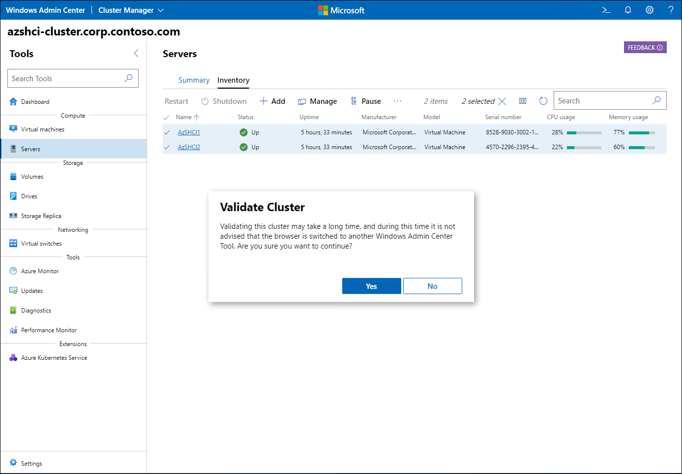 The screenshot depicts the cluster validation option available from the Cluster Manager interface in Windows Admin Center.