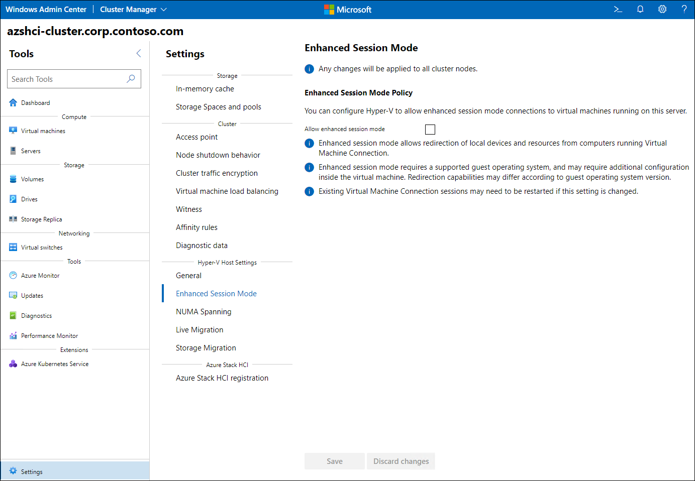 The screenshot depicts the Enhanced Session Mode settings for clustered VMs.