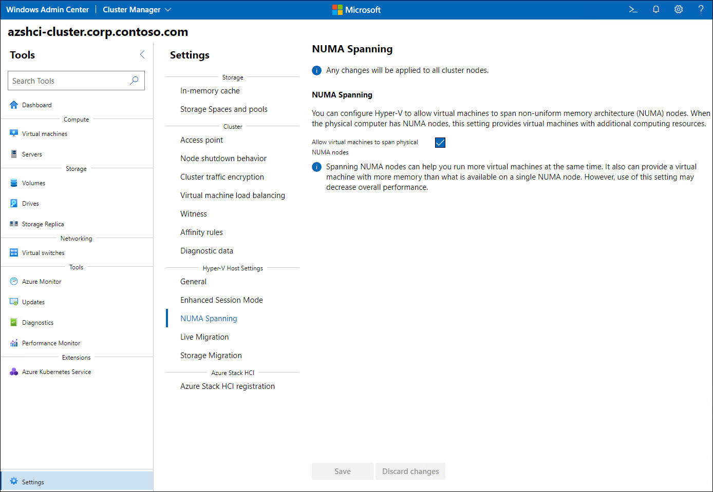 The screenshot depicts the NUMA spanning settings of an Azure Stack HCI cluster.