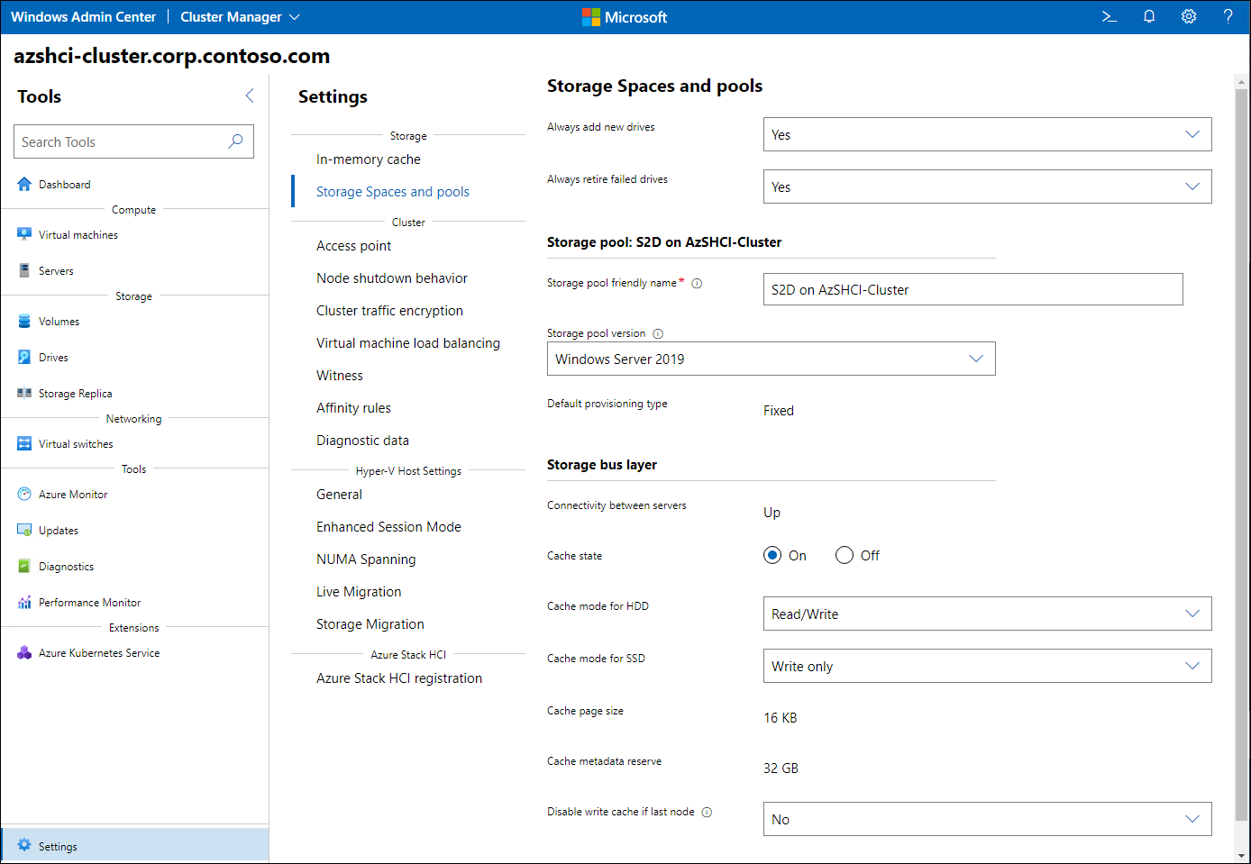 The screenshot depicts the Storage Spaces Direct persistent cache settings for an Azure Stack HCI cluster.