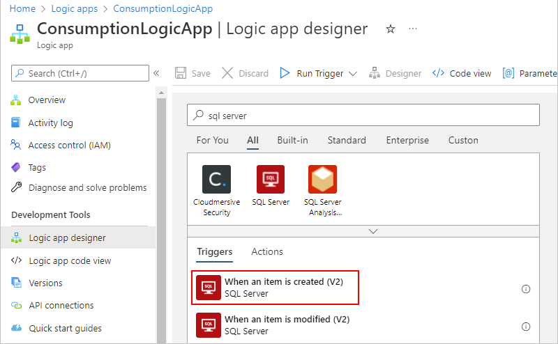Screenshot showing the Azure portal, workflow designer for Consumption logic app.