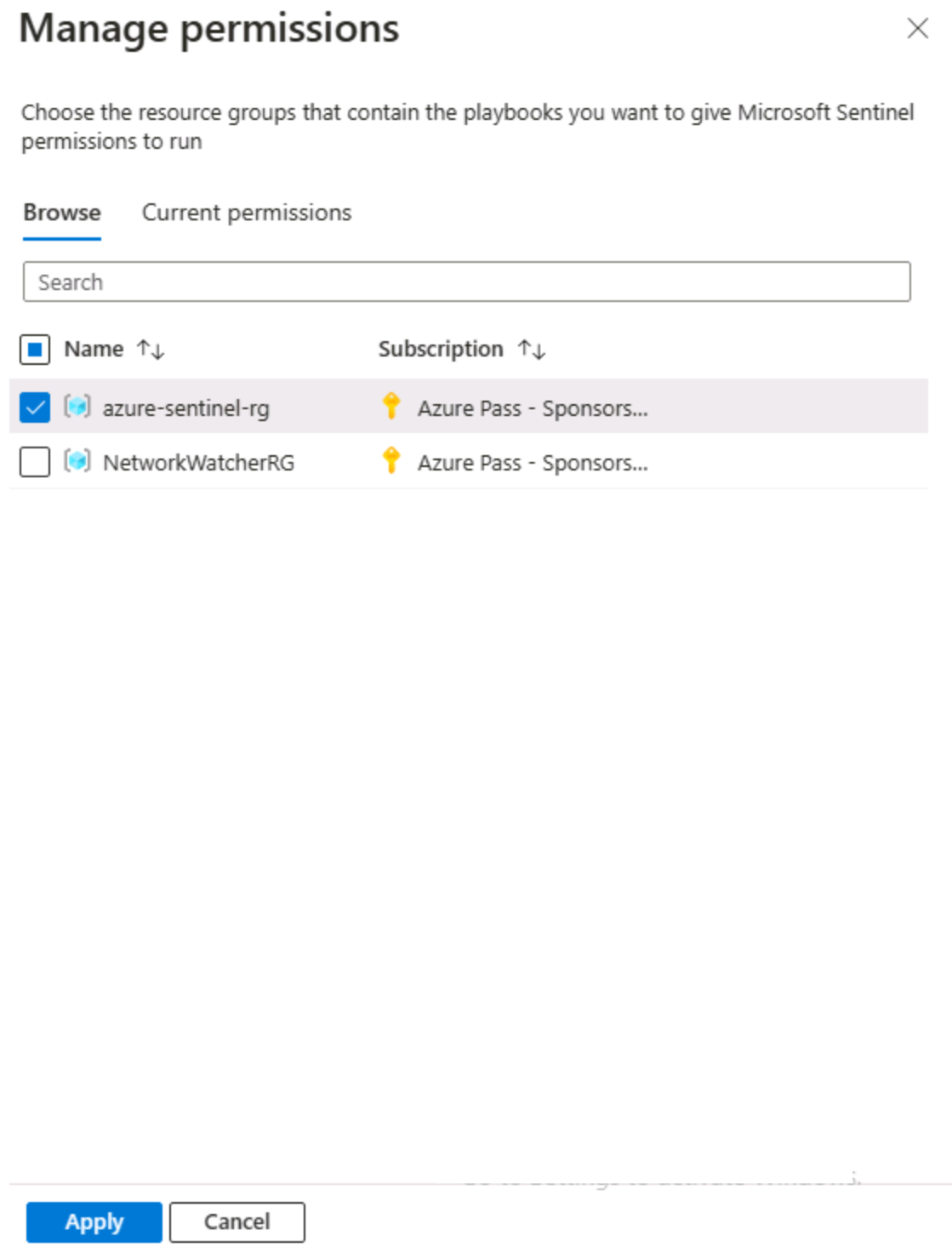 Screenshot of the Microsoft Sentinel Playbook Manage permissions page.
