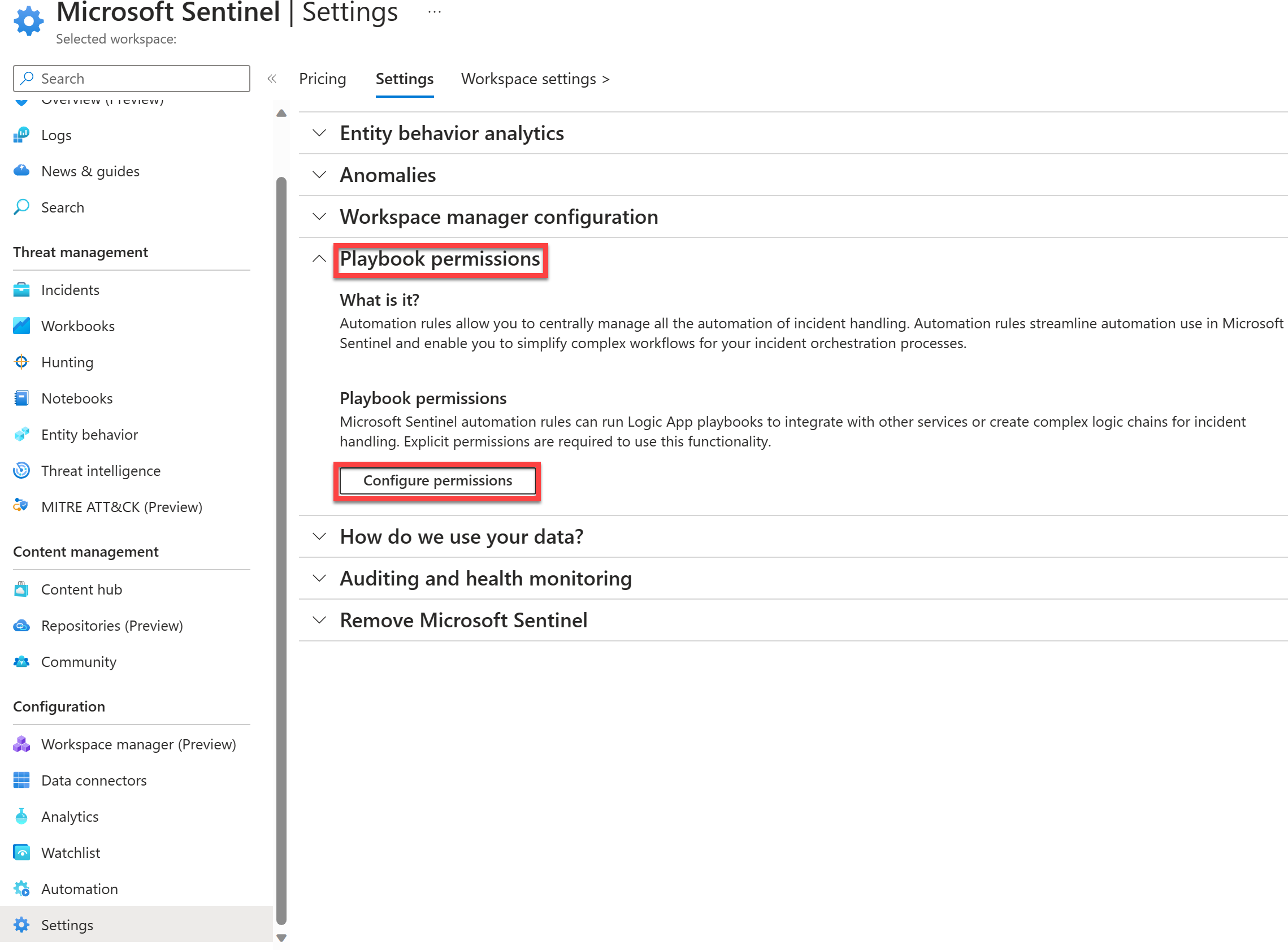 Screenshot of the Microsoft Sentinel Playbook permissions.