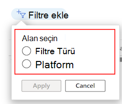 Microsoft Intune'da platforma ve profil türüne göre mevcut filtre listesini filtrelemeyi gösteren ekran görüntüsü.