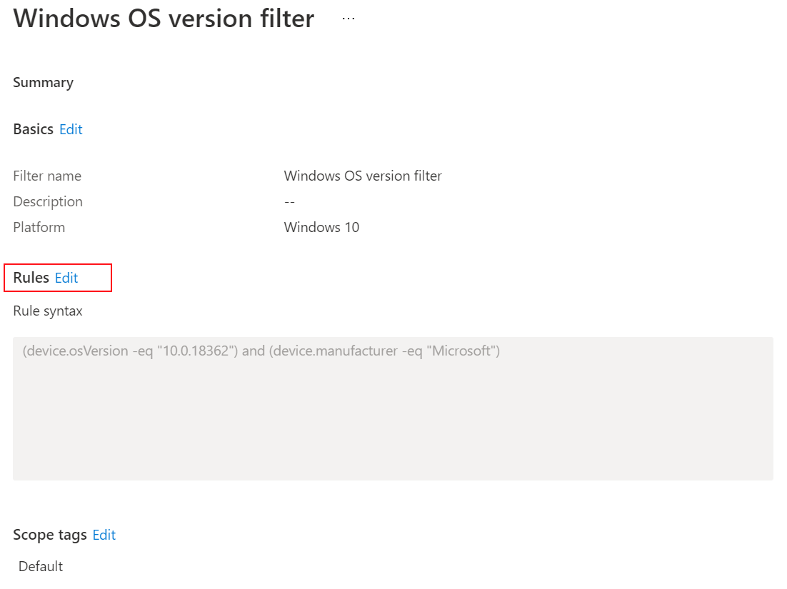 Microsoft Intune'de var olan bir filtreyi değiştirme veya güncelleştirme adımlarını gösteren ekran görüntüsü.