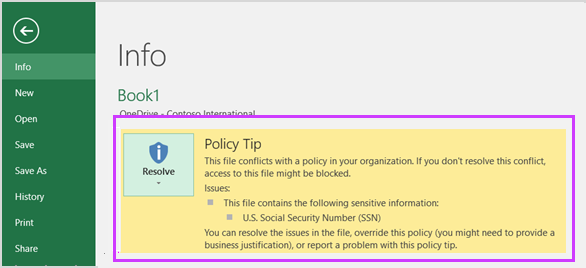 Backstage shows policy tip in Excel 2016.