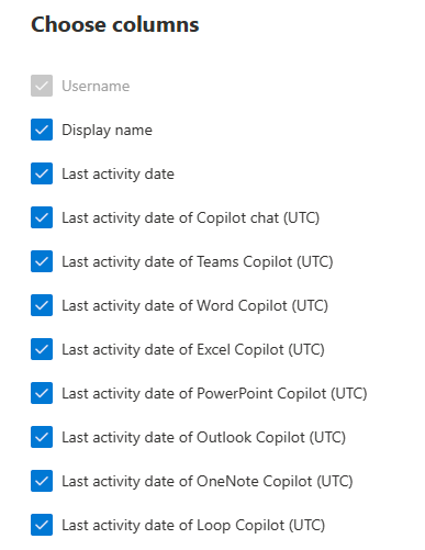 Microsoft 365 Copilot kullanım raporu için seçebileceğiniz sütunları gösteren ekran görüntüsü.