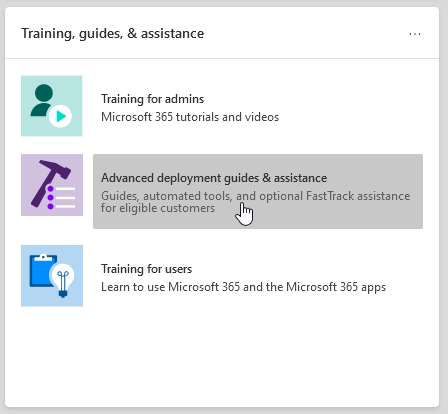 Bu ekran görüntüsü, Microsoft 365 yönetim merkezi eğitim & kılavuz kartını gösterir.