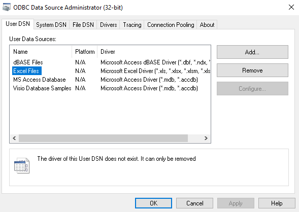 Platformla birlikte hata iletisini gösteren ODBC Veri Kaynakları Yöneticisi'nin ekran görüntüsü.