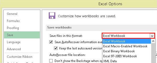 Excel Seçenekleri penceresinde dosyaları bu biçimde kaydet seçeneğini gösteren ekran görüntüsü.