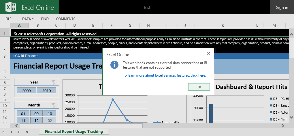 Microsoft Office SharePoint Online PowerPivot çalışma kitabındaki hata iletisinin ekran görüntüsü.