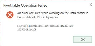 PivotTable İşlemi Başarısız oldu hata iletisinin ekran görüntüsü.