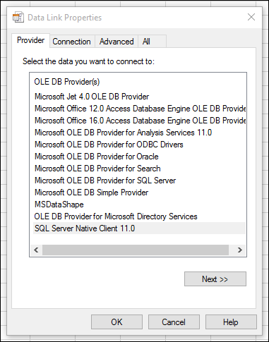 SQL Server Native Client 11.0 öğesini seçme ekran görüntüsü.
