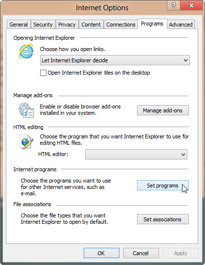 İnternet Seçenekleri'nin Programlar sekmesinin ekran görüntüsü.