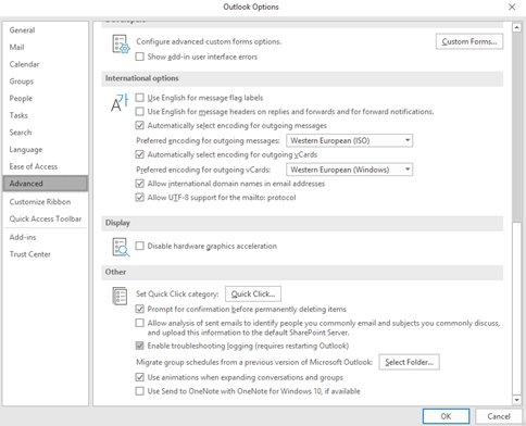 Outlook Seçenekleri'nin Gelişmiş sekmesinin ekran görüntüsü.