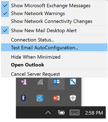 Görev çubuğundaki Outlook simgesinin sağ tıklama menüsündeki Test Email Otomatik Yapılandırma seçeneğinin ekran görüntüsü.