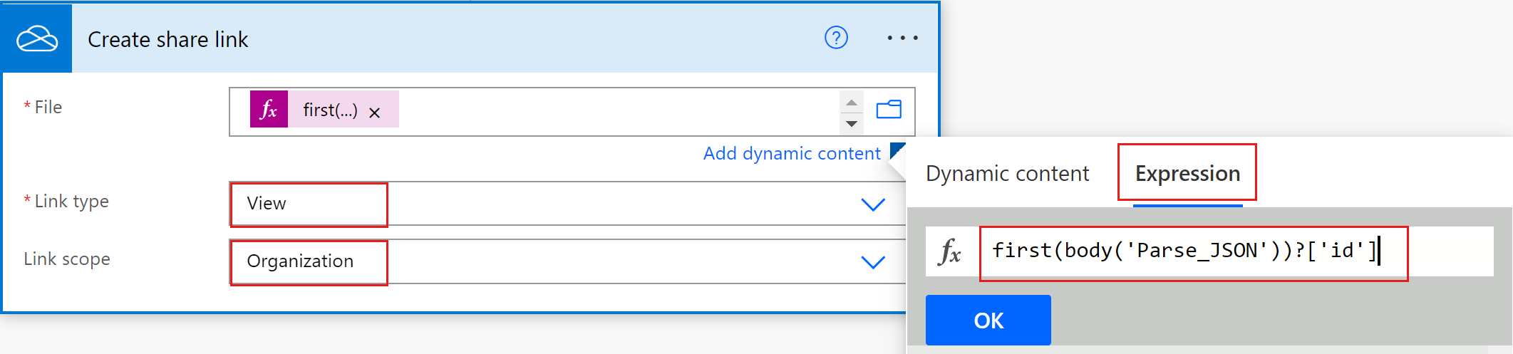 Yapım aşamasındaki bir akışta formun yüklenen dosyası, bağlantı türü ve bağlantı kapsamı vurgulanmış olarak OneDrive Paylaşım bağlantısı oluştur eyleminin ekran görüntüsü.