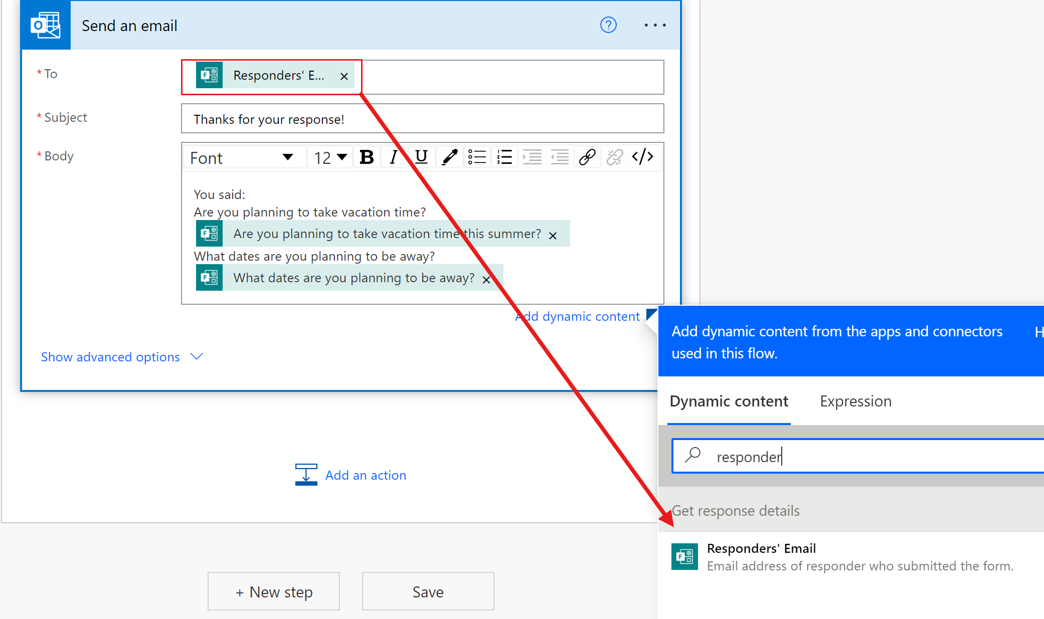 Yapım aşamasındaki bir akışta yanıtlayıcının adresi vurgulanmış olarak Outlook e-posta gönder eyleminin ekran görüntüsü.