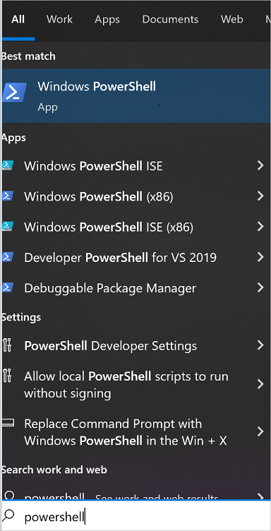 PowerShell'in Windows'tan başlatıldığını gösteren ekran görüntüsü.