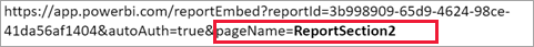 pageName=ReportSection 2 vurgulanmış şekilde PAGEName ayarını URL'ye ekleme işleminin ekran görüntüsü.