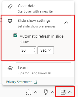 Power BI eklenti seçeneklerinde Slayt gösterisi ayarları seçeneğini gösteren ekran görüntüsü.