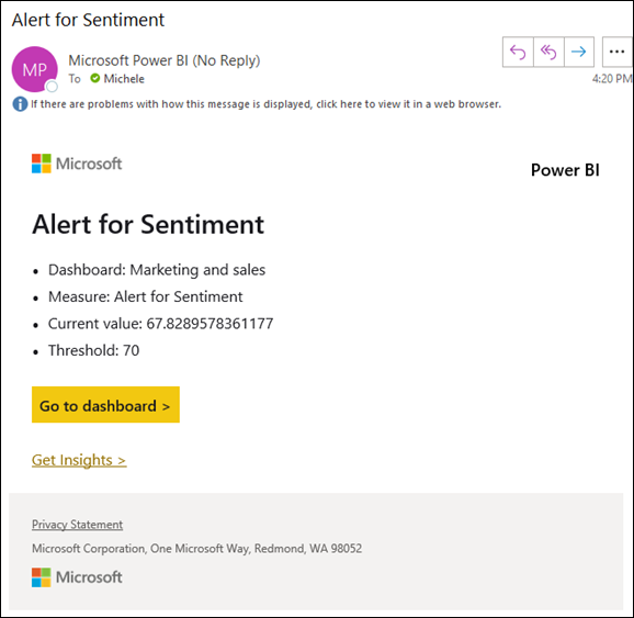 Screenshot showing an email message for the Alert for Sentiment alert. A link in the message is labeled Go to dashboard.