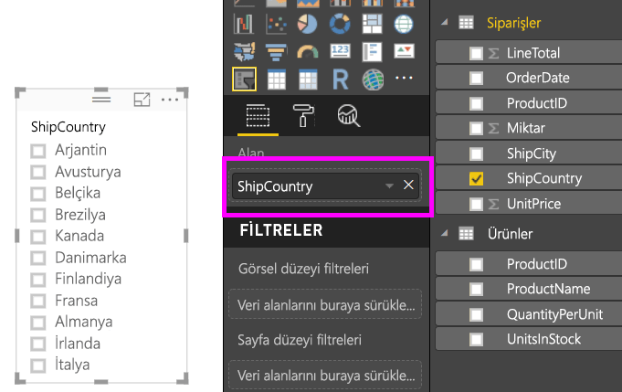 Screenshot shows a field that has been added to the slicer in Power BI Desktop.