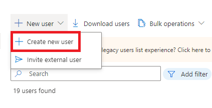 Screenshot showing Microsoft Entra ID create new user button.