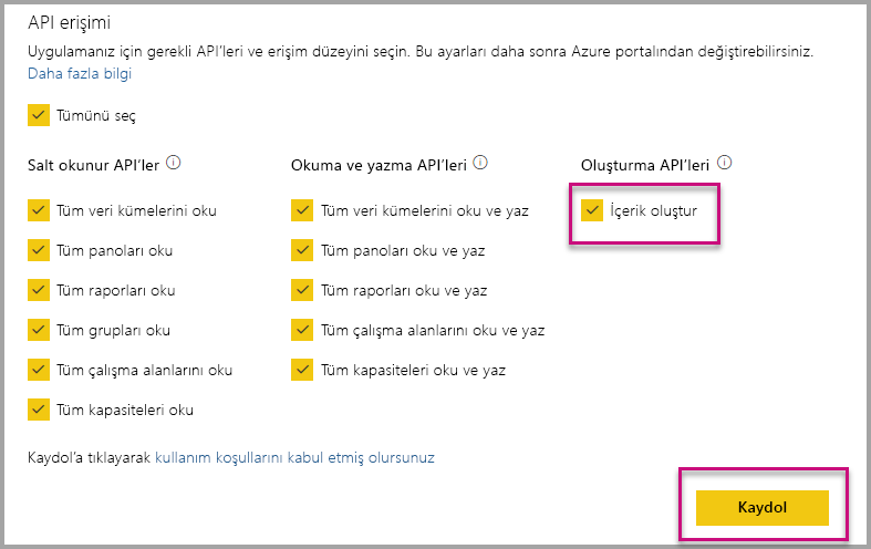 Screenshot of the Power BI embedding setup tool, which shows the selected Create APIs option.