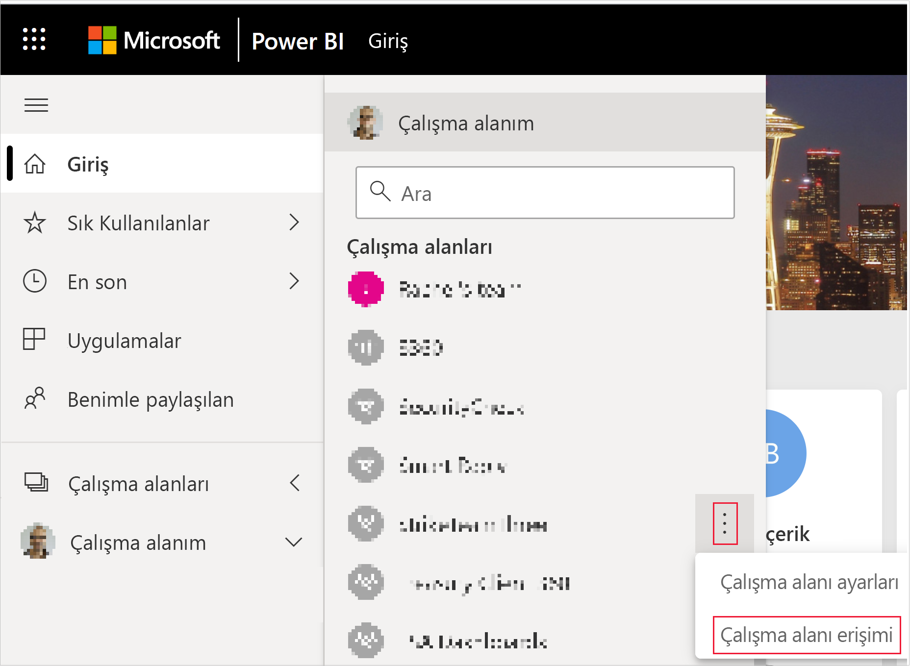 Screenshot showing the workspace access button in the more menu of a Power BI workspace.