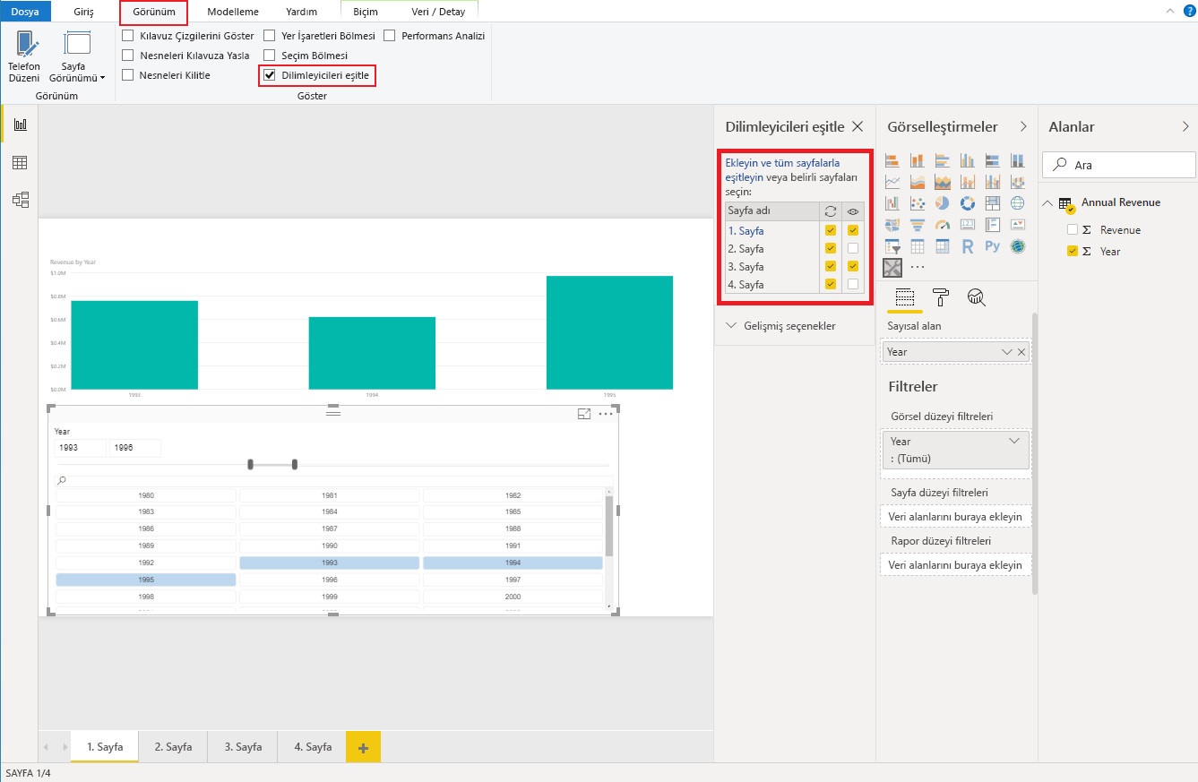 Screenshot of Power BI Desktop, which shows the View Sync slicers pane.