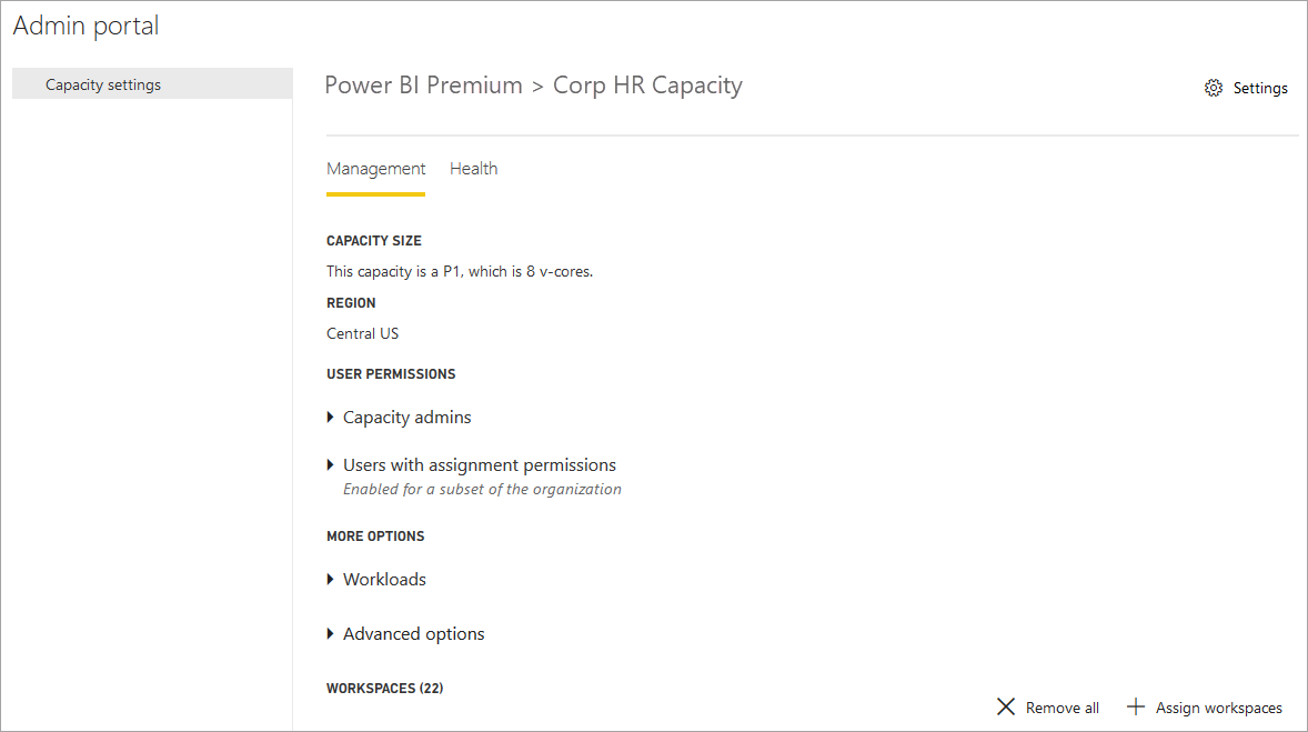 Power BI Yönetim portalındaki kapasite yönetimini gösteren ekran görüntüsü.