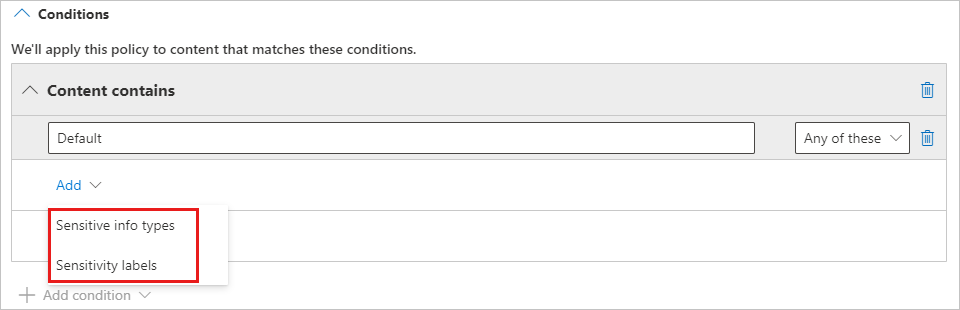 Screenshot of D L P add conditions section.