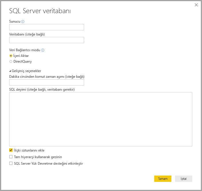 SQL Server Veritabanı iletişim kutusunu gösteren Power BI Desktop’ın ekran görüntüsü.