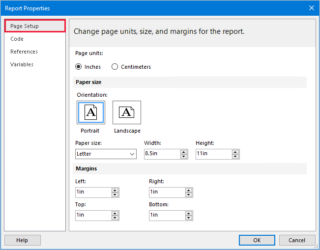 Image shows the Report Properties window, highlighting the Page Setup page.