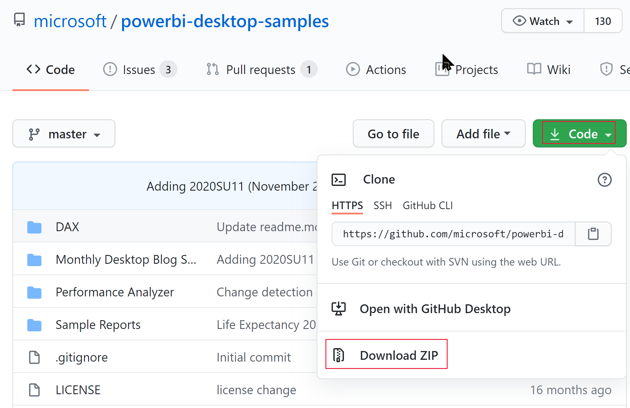 A screenshot showing the ZIP download option in the Power B I desktop samples GitHub