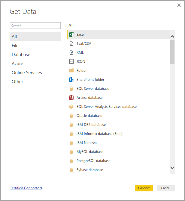 Screenshot shows the Get Data dialog with All and Excel selected.