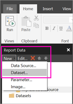 Screenshot that shows option to create new dataset.