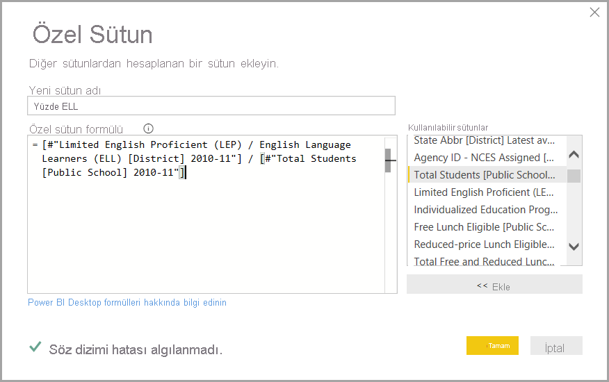 Custom Column dialog box, Power Query Editor, Power BI Desktop