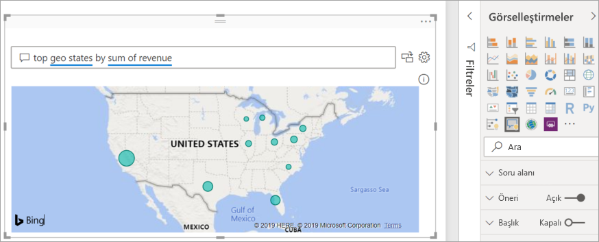 Screenshot that shows the Q&A visual map created by Power BI to display the data.